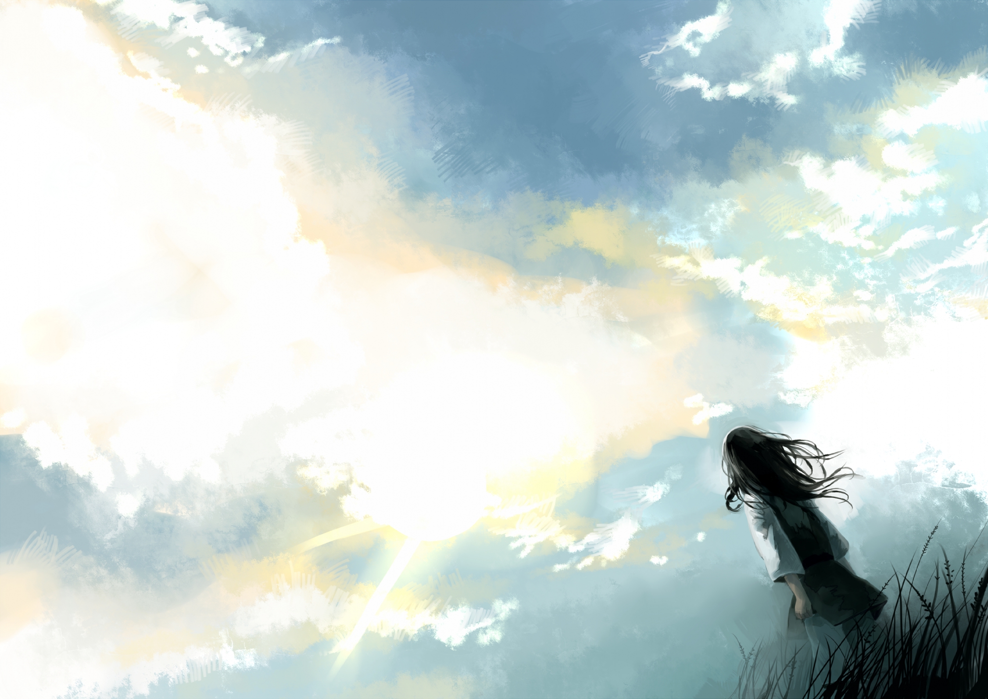 black_hair, clouds, dress, kyouichi, original, sky, tagme