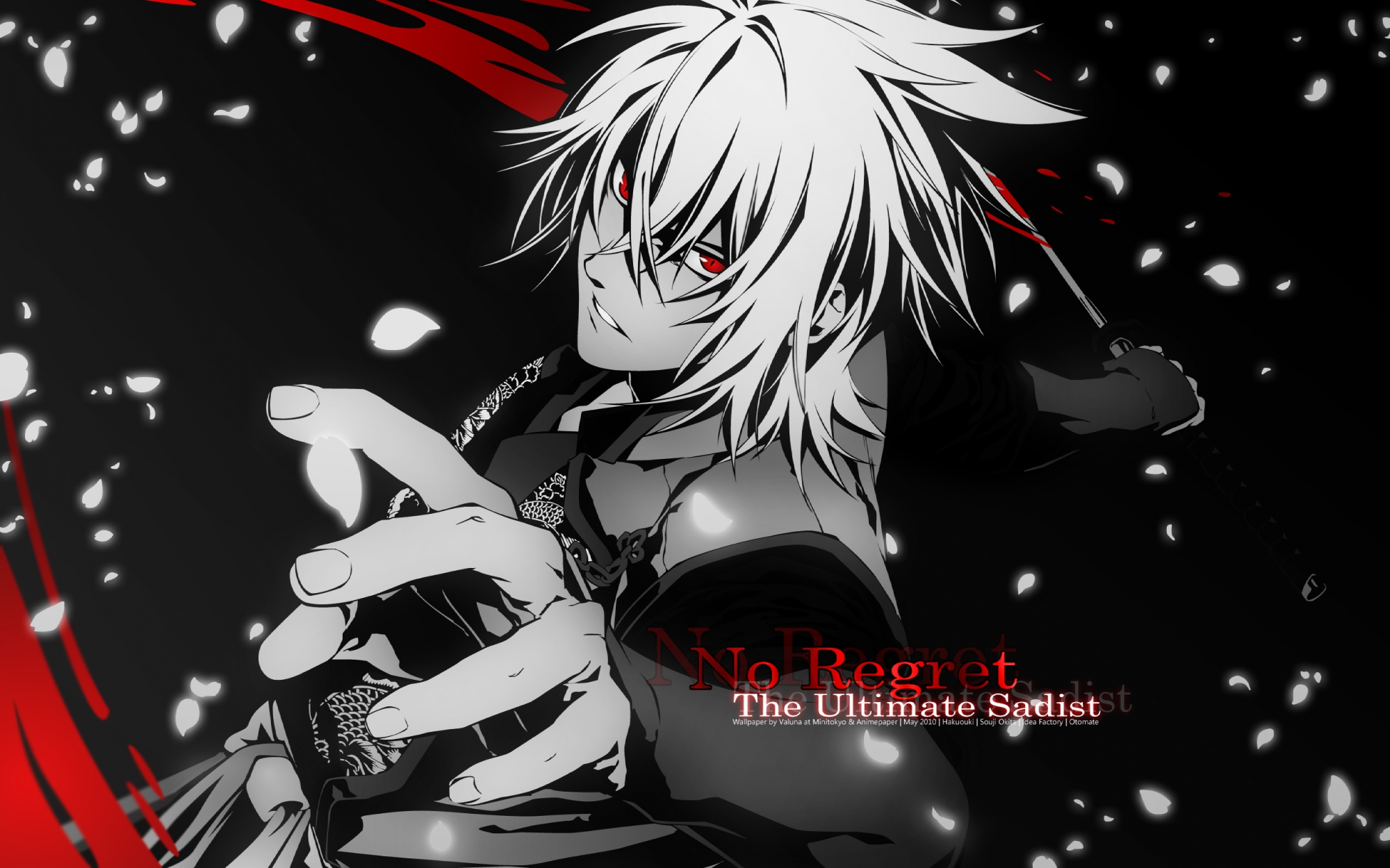 black, blood, hakuouki_shinsengumi_kitan, katana, okita_souji, petals, polychromatic, red_eyes, sword, weapon, white_hair