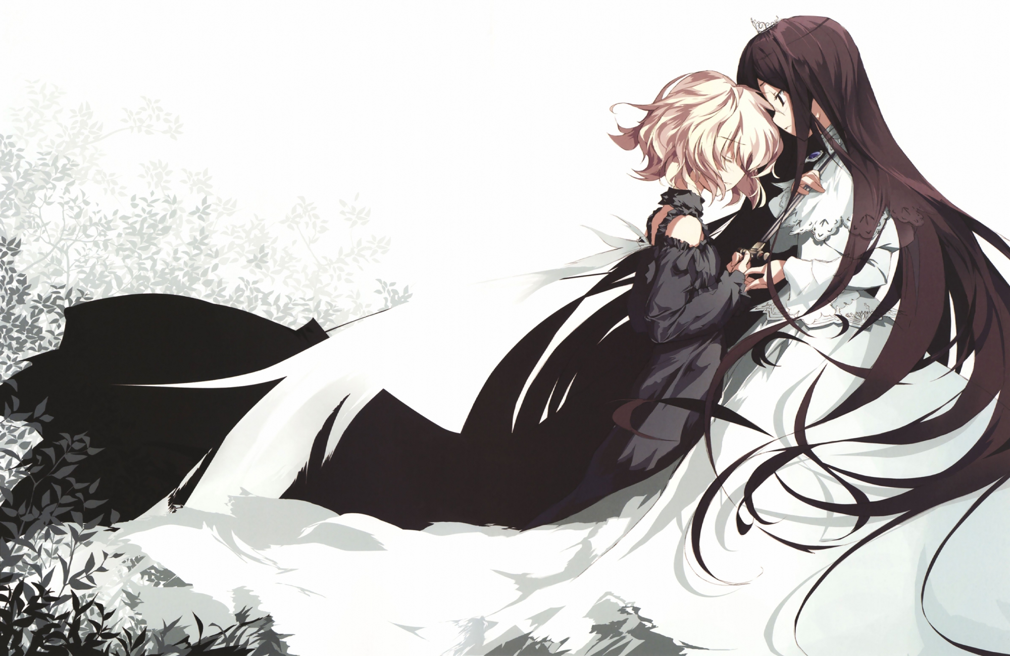 2girls, black_hair, blonde_hair, blush, brown_eyes, brown_hair, christina_dorn, dress, efa, fue_(tsuzuku), katahane, long_hair, necklace, purple_eyes, short_hair, sword, tagme, tiara, weapon, wings