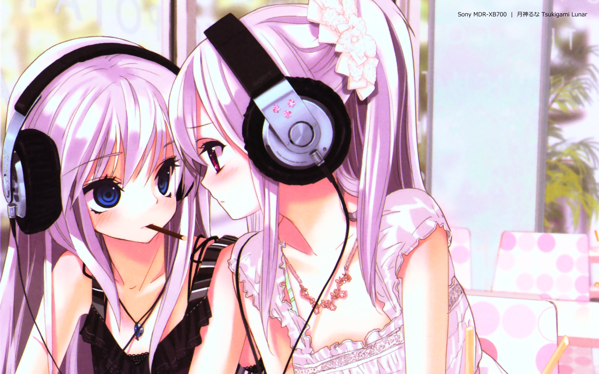 blue_eyes, blush, cropped, food, headphones, long_hair, pink_eyes, pink_hair, pocky, scan, tsukigami_runa