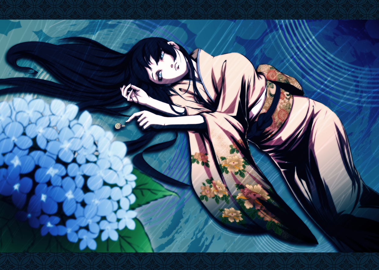 black_hair, blue_eyes, flowers, japanese_clothes, kimono, mubouou_aasaa