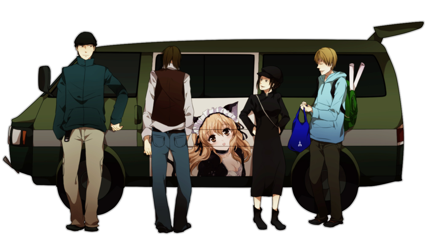 animal_ears, black_hair, blonde_hair, brown_hair, catgirl, durarara!!, group, hat