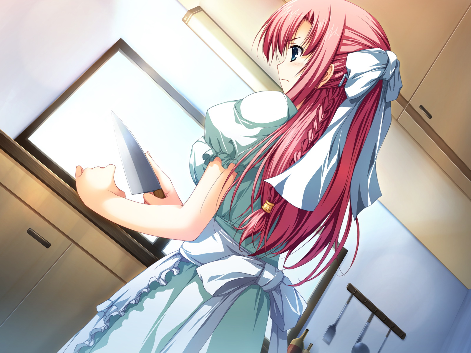 akatsuki_no_goei, apron, game_cg, knife, long_hair, nikaidoh_aya, red_hair, syangrila