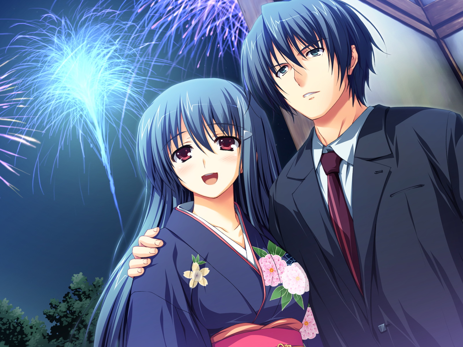 akatsuki_no_goei, blue_hair, fireworks, game_cg, japanese_clothes, kanzaki_moe, long_hair, syangrila