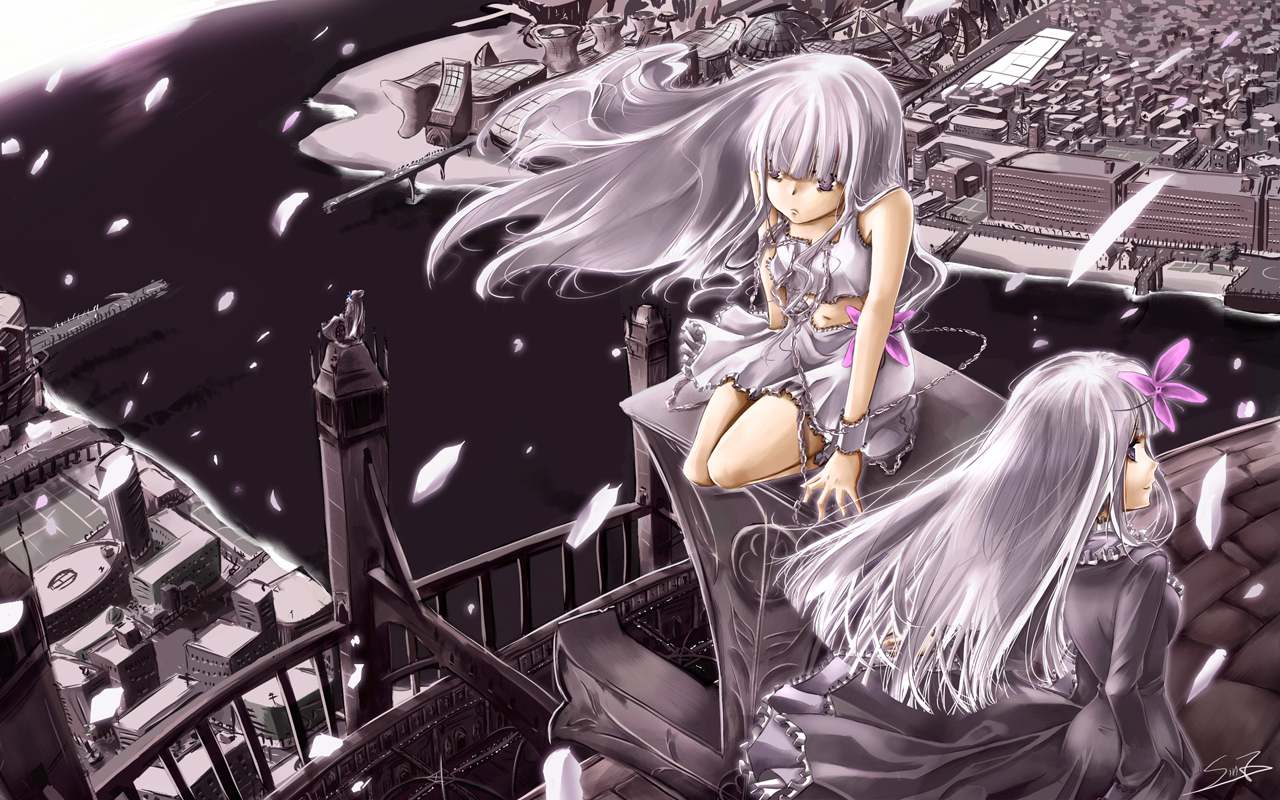 building, city, dress, flowers, landscape, long_hair, original, petals, polychromatic, purple_eyes, scenic, sinzire, twins, water, white_hair