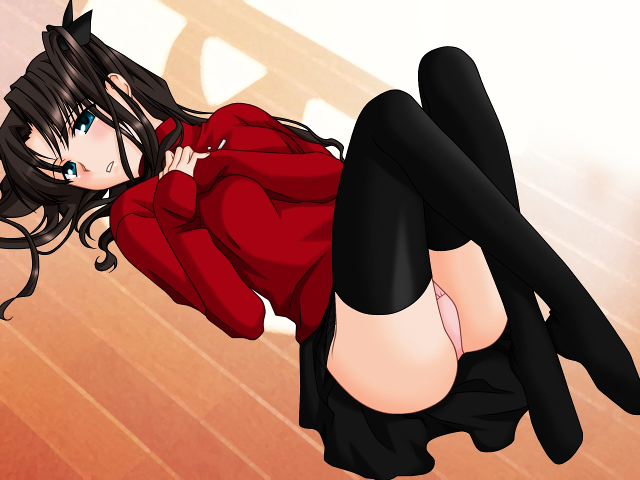 blue_eyes, brown_hair, count_zero, fate_(series), fate/stay_night, long_hair, panties, skirt, thighhighs, tohsaka_rin, underwear, upskirt
