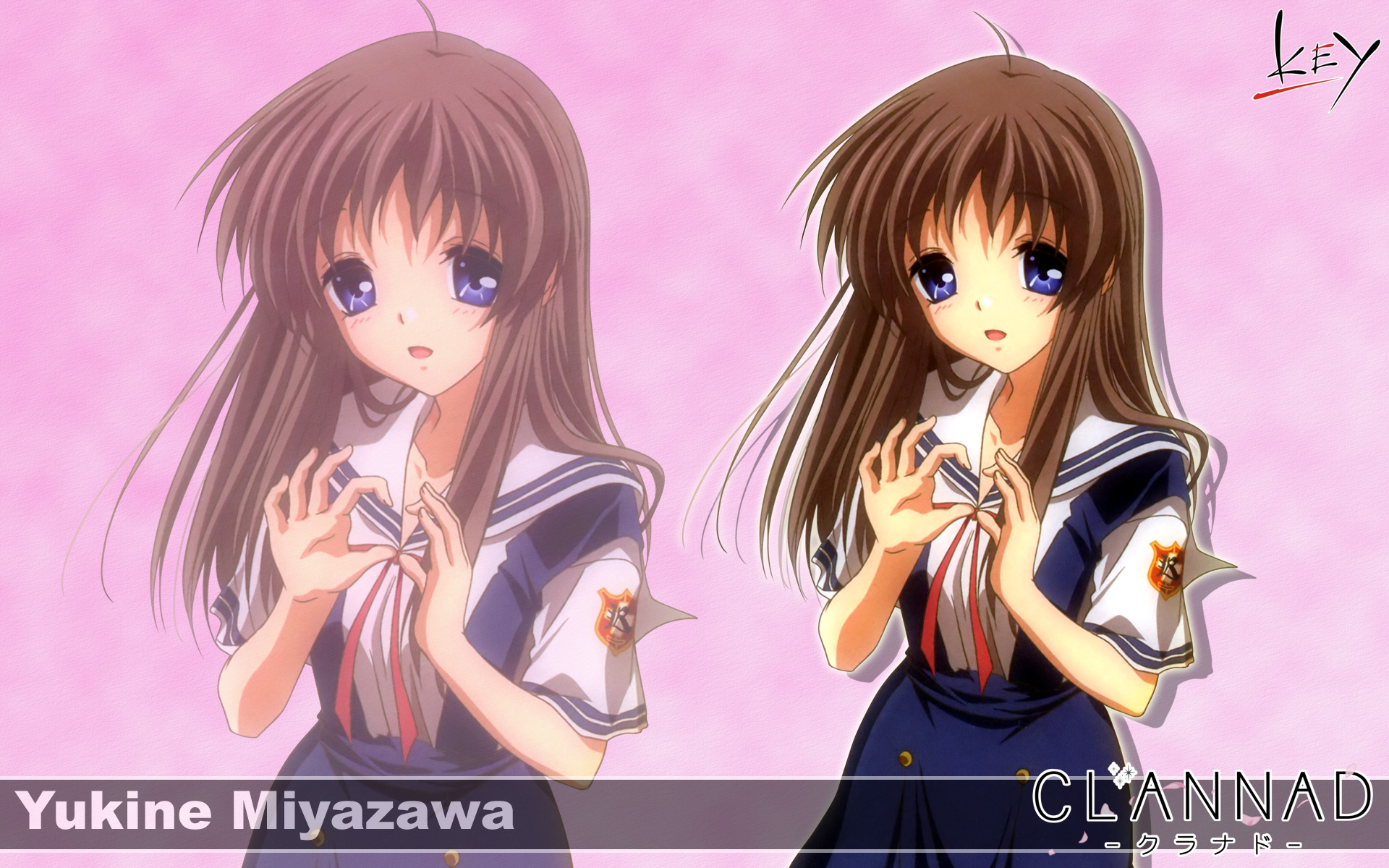 blue_eyes, brown_hair, clannad, key, logo, long_hair, miyazawa_yukine, school_uniform