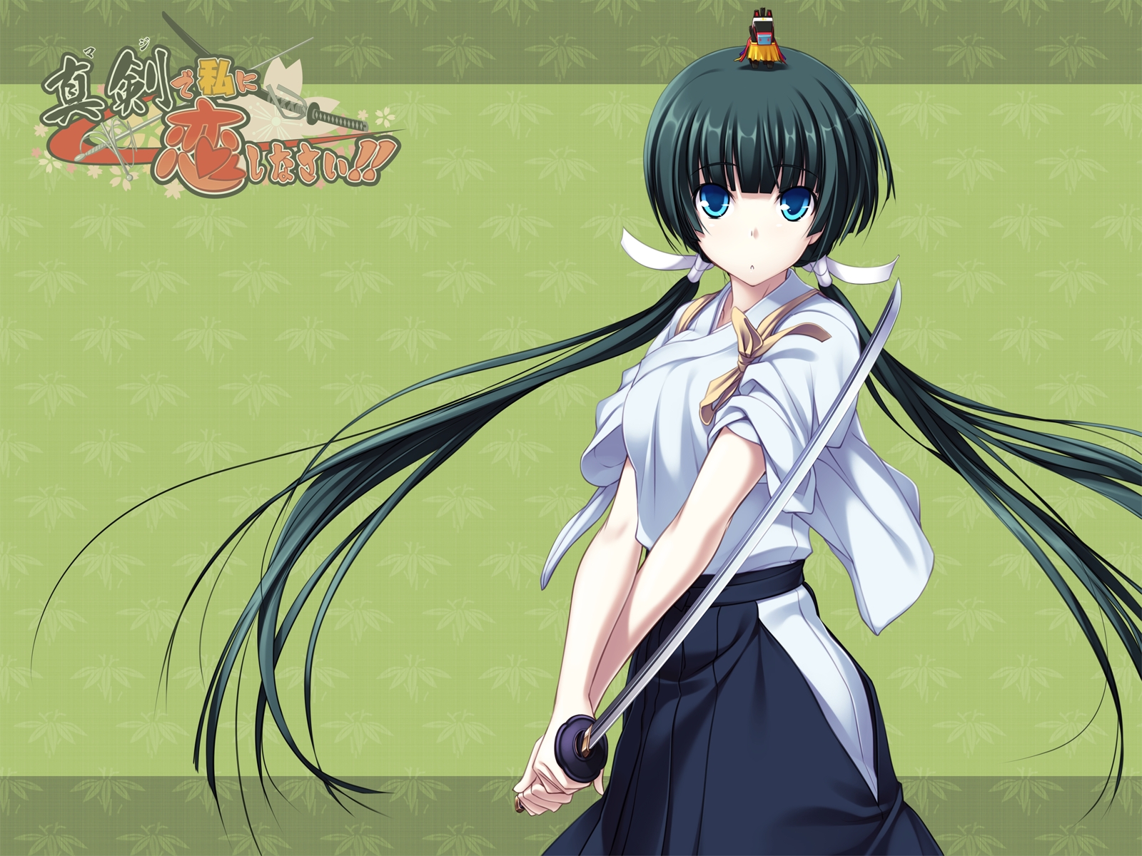 blue_eyes, green_hair, katana, kawagishi_keitarou, long_hair, maji_de_watashi_ni_koi_shinasai!, mayuzumi_yukie, sword