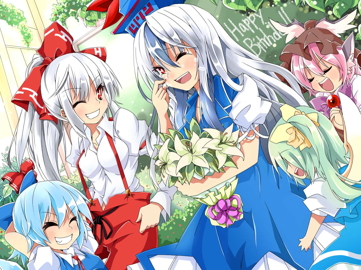 aqua_hair, blush, bow, cirno, crying, daiyousei, dress, fairy