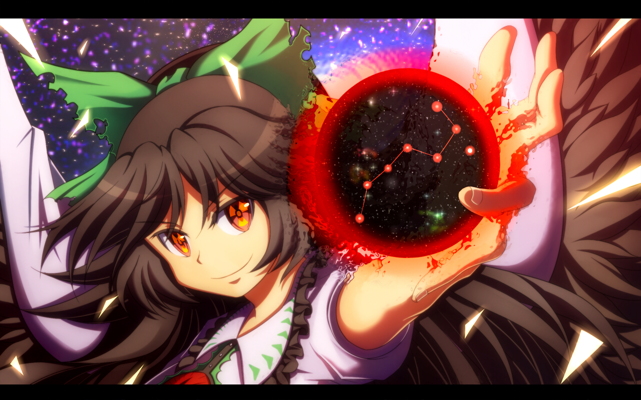 brown_hair, cape, hakuto_no_ken, long_hair, orange_eyes, parody, qontamblue, reiuji_utsuho, ribbons, stars, touhou, wings