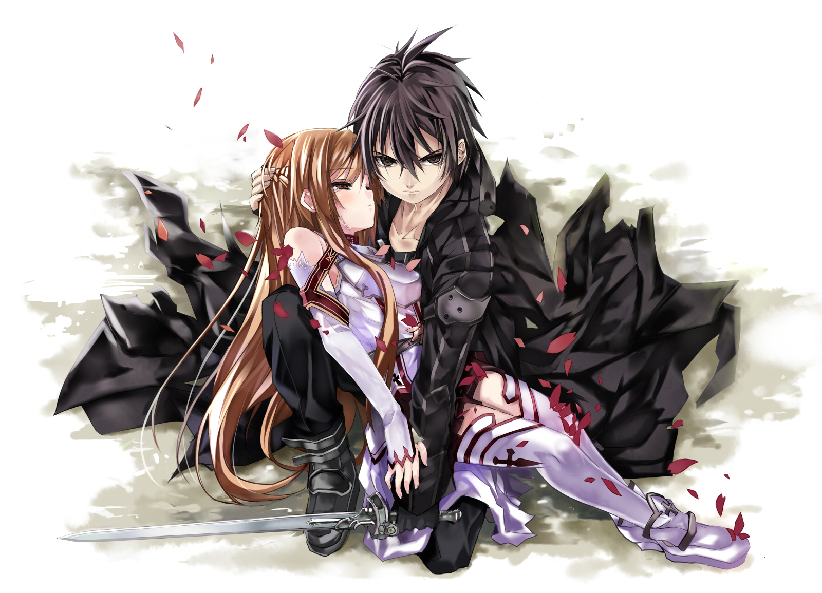 blonde_hair, brown_hair, crying, kirigaya_kazuto, petals, shino_(eefy), sword, sword_art_online, tears, weapon, yuuki_asuna