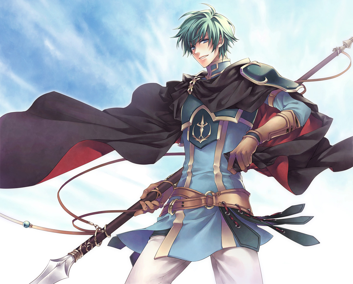 all_male, aqua_hair, armor, blue_eyes, cape, ephraim_(fire_emblem), fire_emblem, male, potassium77, sky, spear, weapon