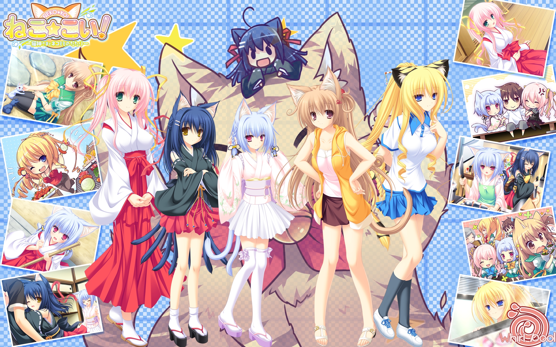 animal_ears, bell, blonde_hair, blue_hair, bow, catgirl, chibi, japanese_clothes