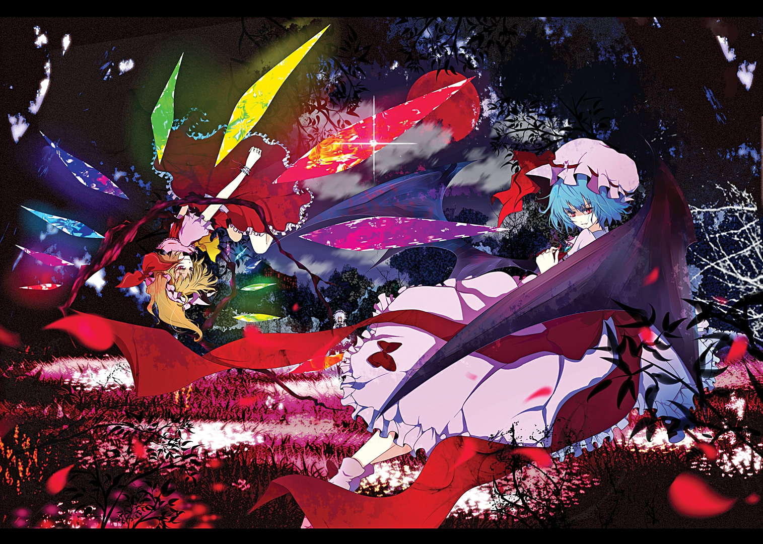 blonde_hair, blue_hair, bow, clouds, dress, flandre_scarlet, gray_hair, hat