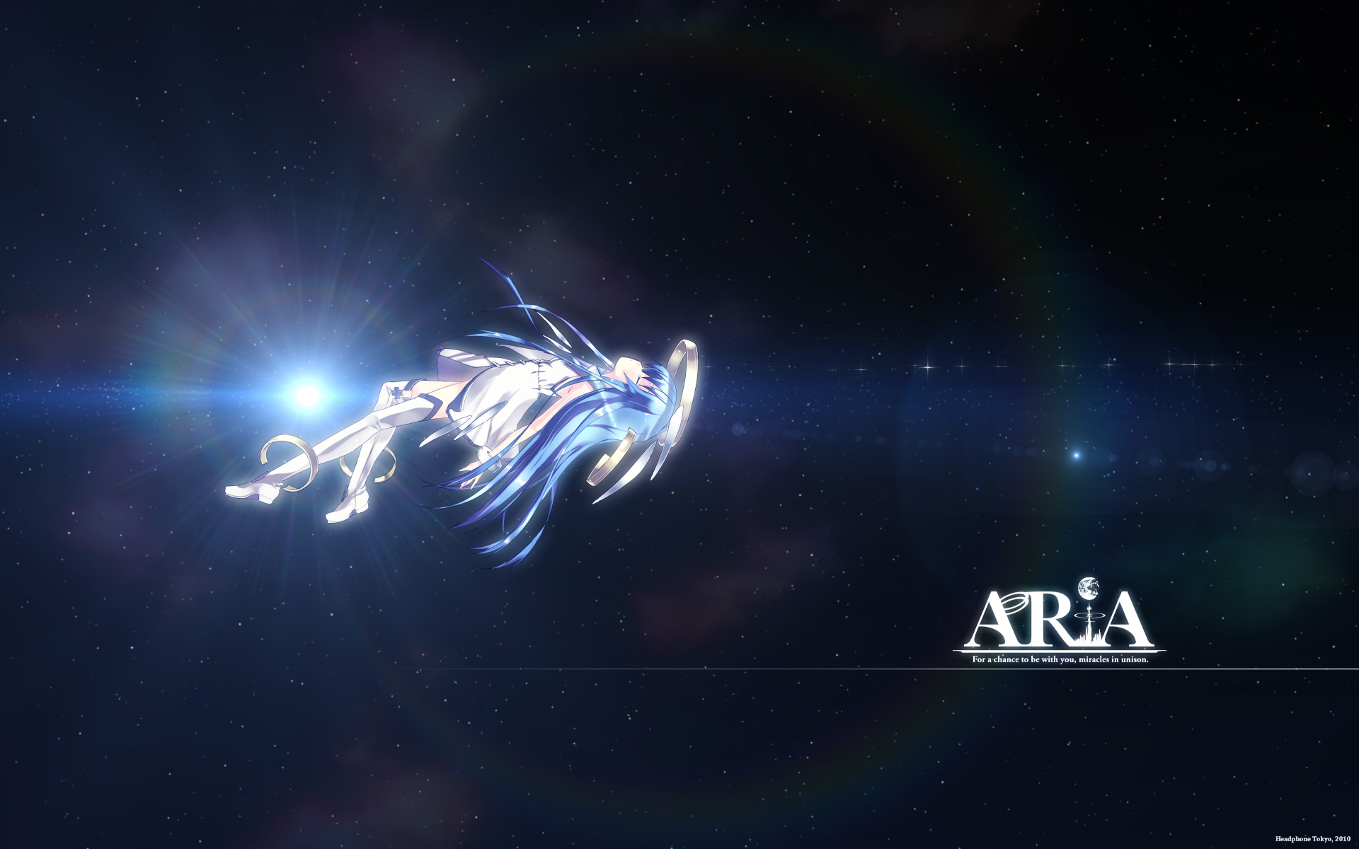 aria_(vocaloid), blue_hair, boots, dress, hatsune_miku, long_hair, refeia, space, stars, vocaloid