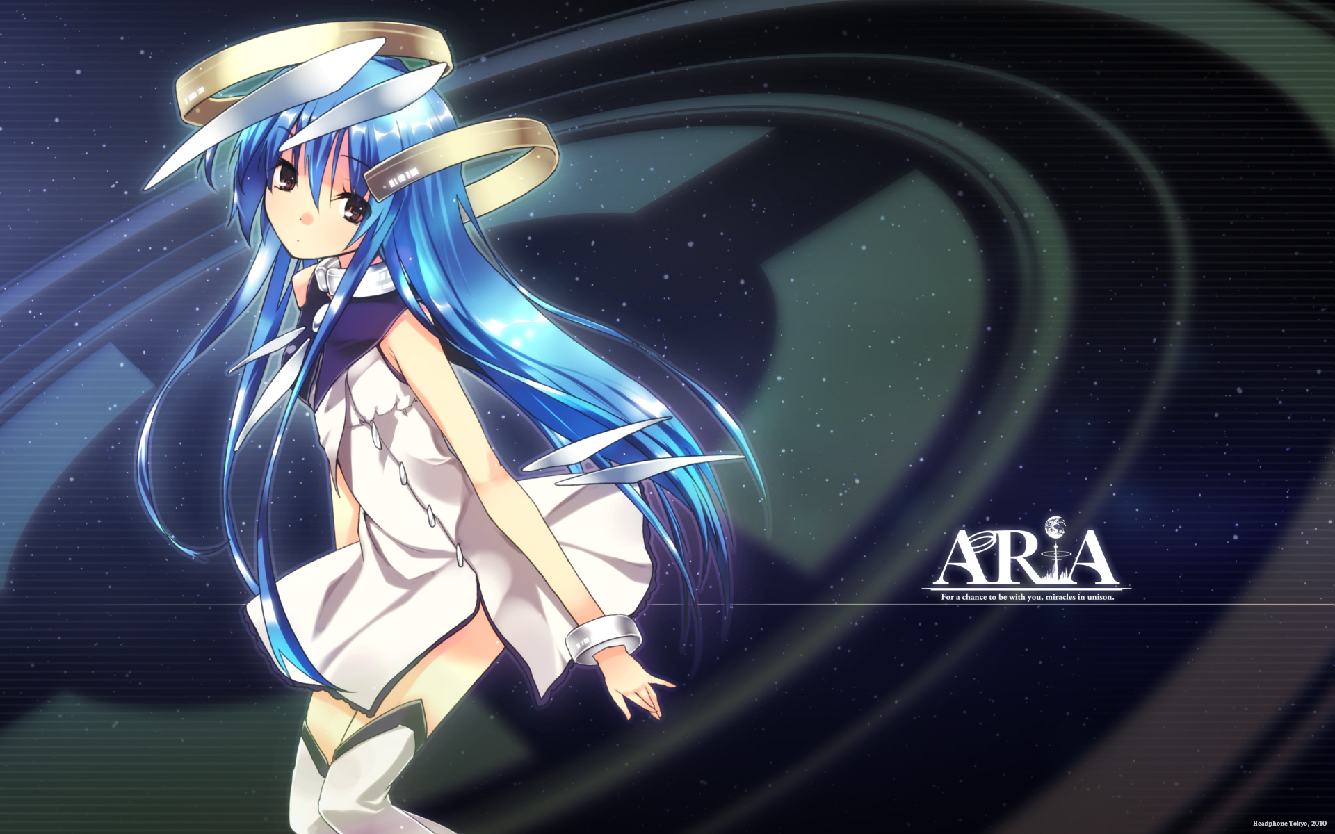 aria_(vocaloid), blue_hair, brown_eyes, dress, hatsune_miku, long_hair, refeia, space, stars, thighhighs, vocaloid