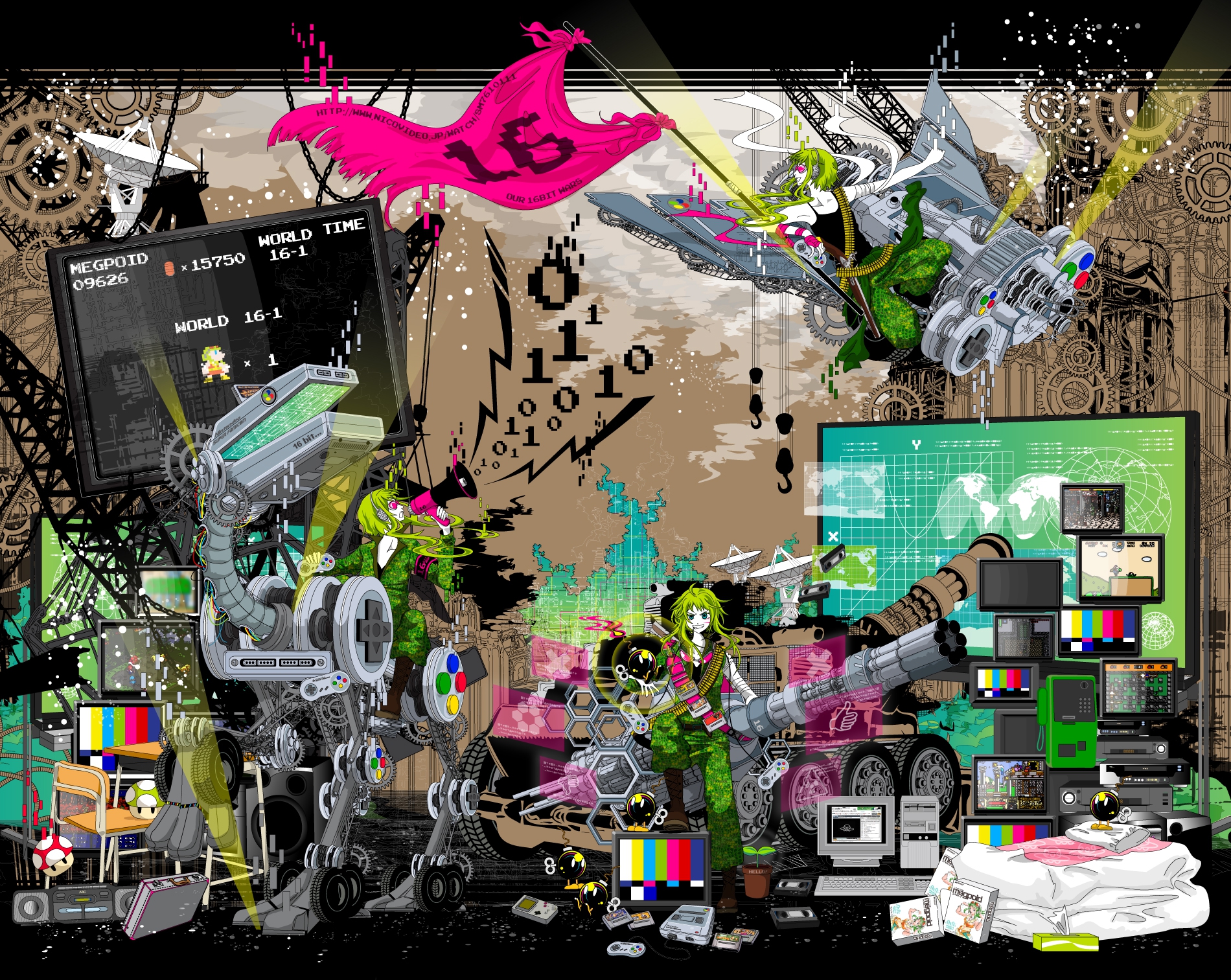 bokura_no_16bit_warz_(vocaloid), goggles, green_hair, gumi, haruichi_(pixiv738382), headphones, nintendo, vocaloid