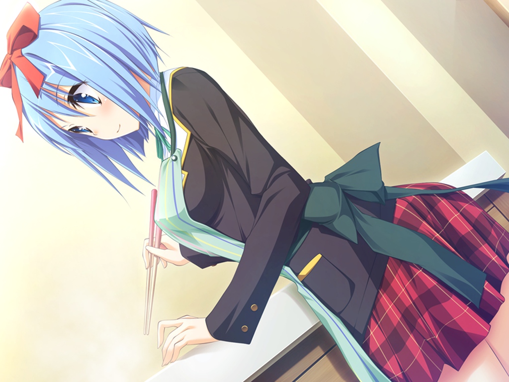 alcot, apron, blue_eyes, blue_hair, blush, game_cg, miyoshi_ran, nimura_yuushi, osananajimi_wa_daitouryou, short_hair, skirt