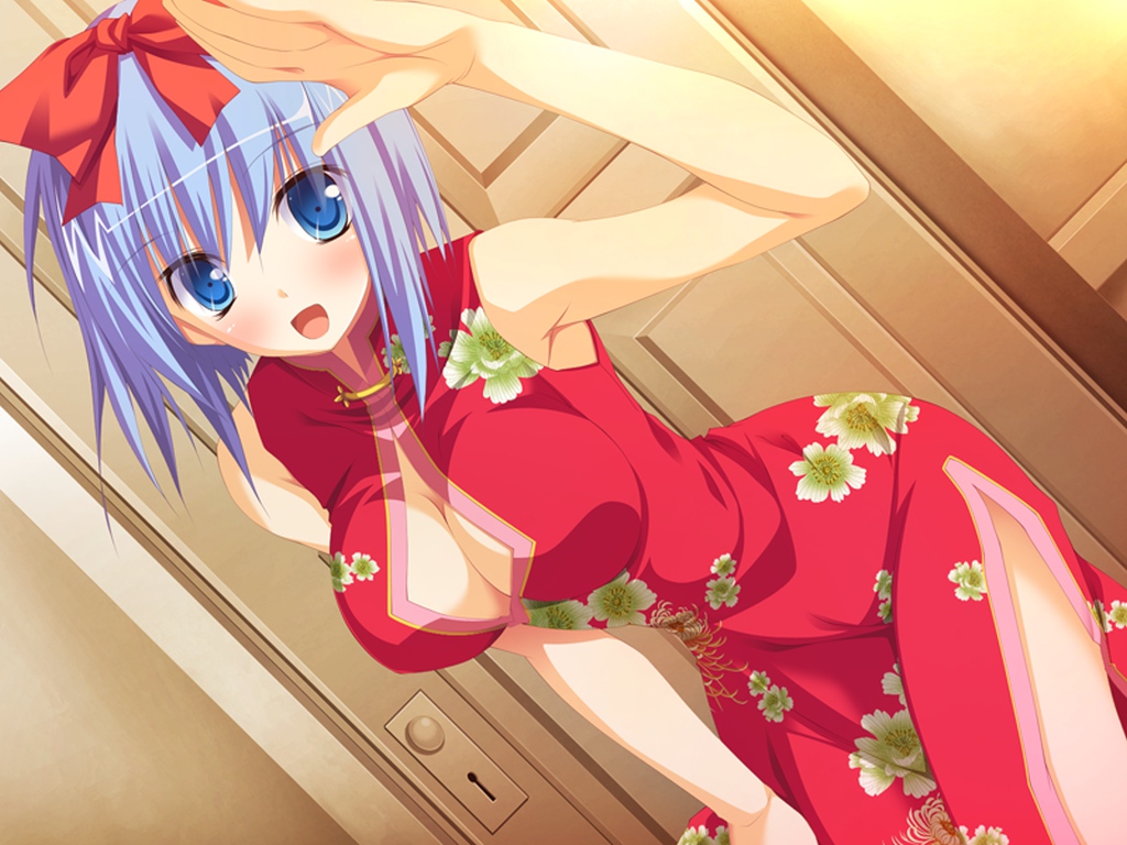 alcot, blue_eyes, blue_hair, blush, chinese_clothes, chinese_dress, dress, game_cg, miyoshi_ran, nimura_yuushi, osananajimi_wa_daitouryou, short_hair
