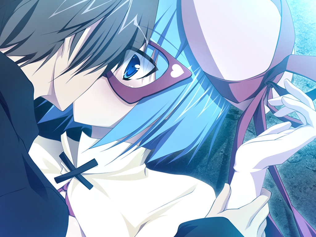 alcot, blue_eyes, blue_hair, blush, game_cg, glasses, gloves, kiss