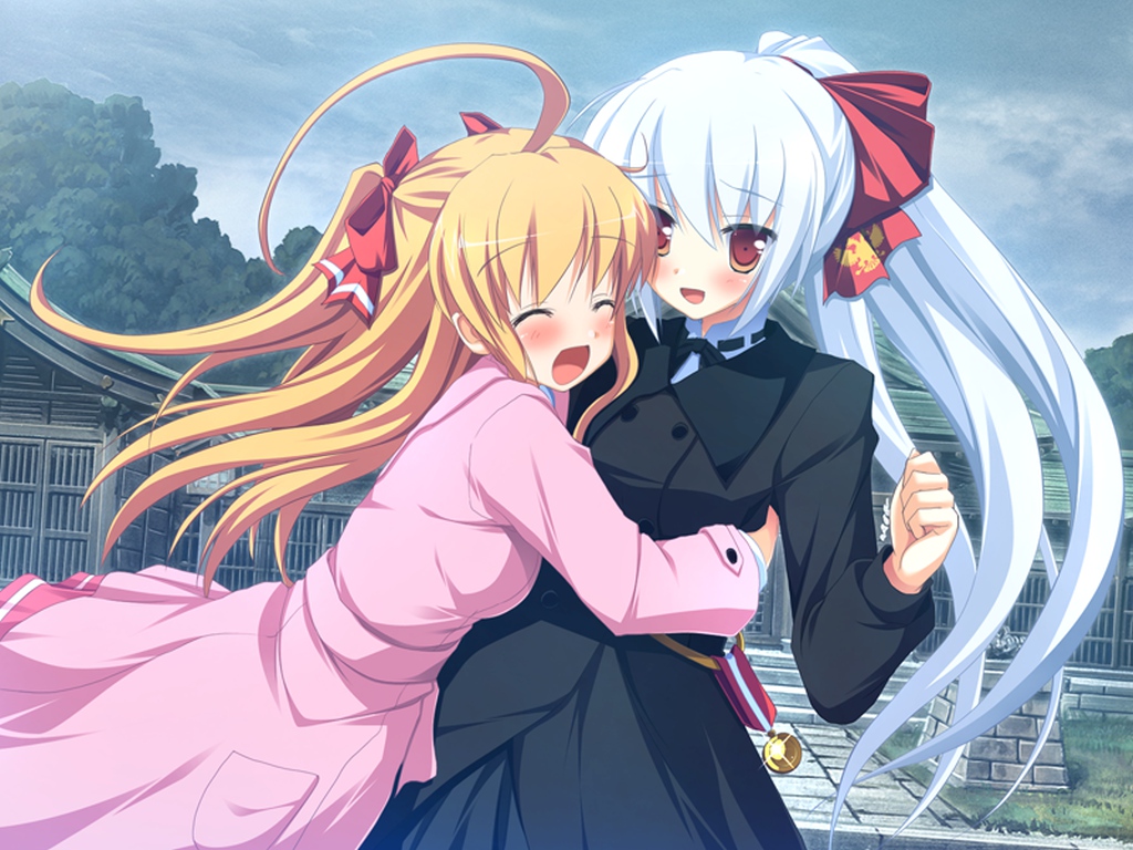 2girls, alcot, blonde_hair, blush, game_cg, irina_vladimirovna_putina, long_hair, nimura_yuushi, osananajimi_wa_daitouryou, ouhama_yukino, red_eyes, ribbons, white_hair