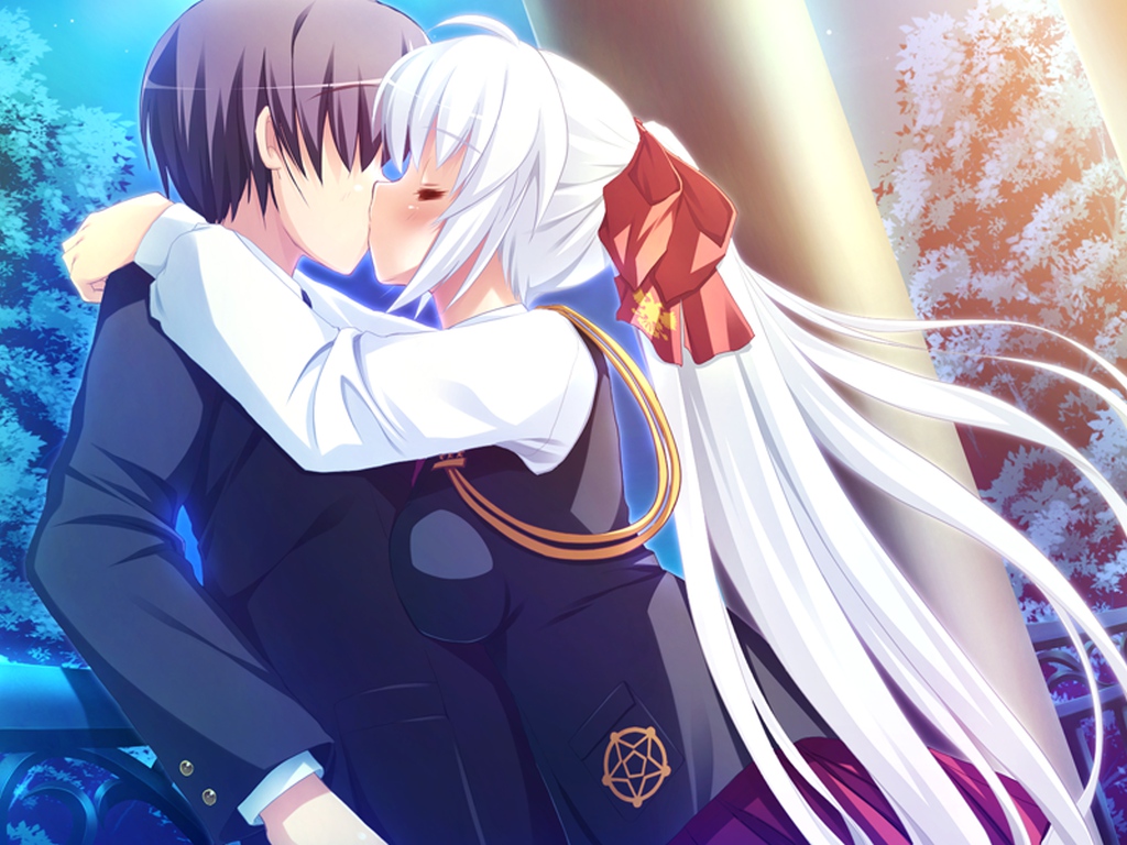 alcot, blush, game_cg, irina_vladimirovna_putina, kiss, long_hair, night, nimura_yuushi, osananajimi_wa_daitouryou, ponytail, ribbons, white_hair