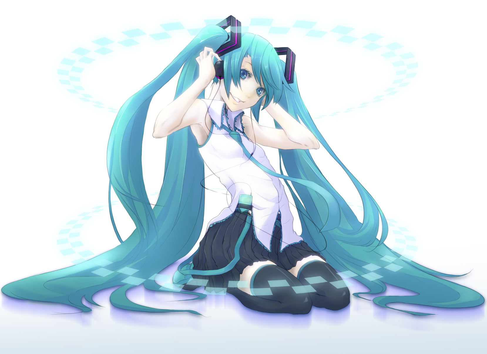 aqua_hair, blue_eyes, hatsune_miku, headphones, long_hair, shiro_(nitto), skirt, thighhighs