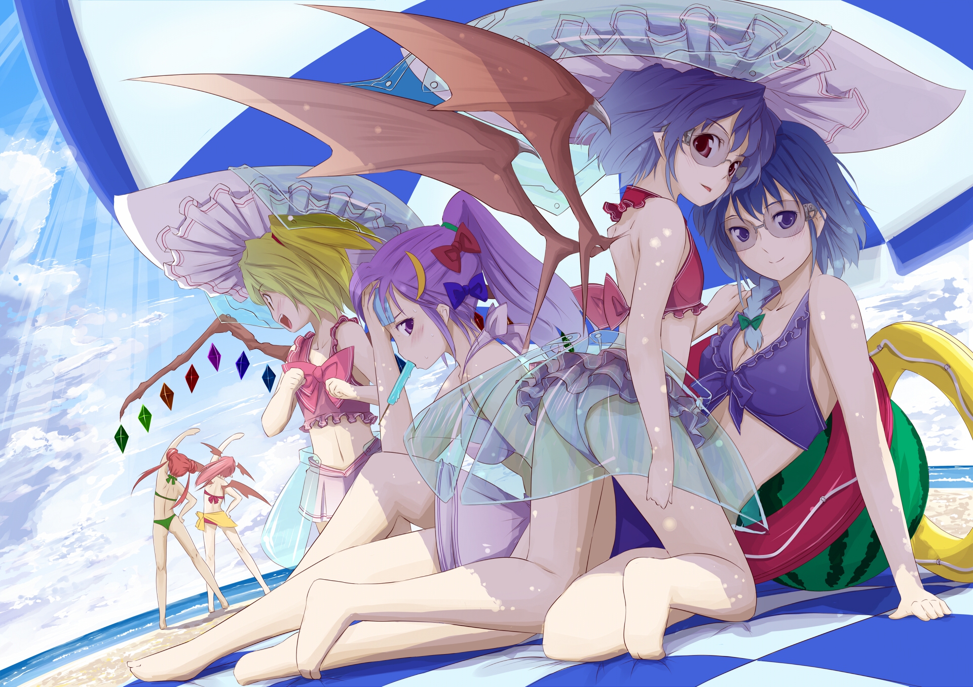 animal_ears, ball, barefoot, beach, bikini, blonde_hair, blue_hair, blush