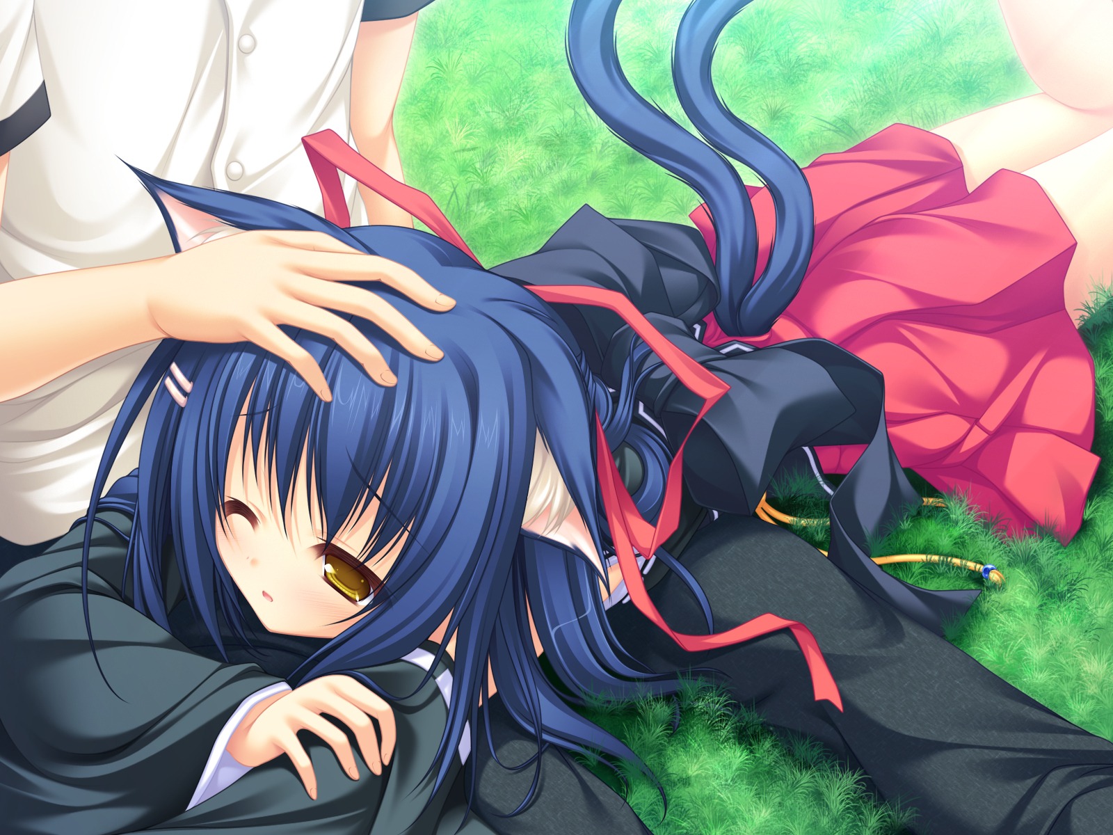 animal_ears, blue_hair, catgirl, kiryuu_sakuya, mikagami_mamizu, multiple_tails, neko_koi, ribbons, skirt, tail, yellow_eyes