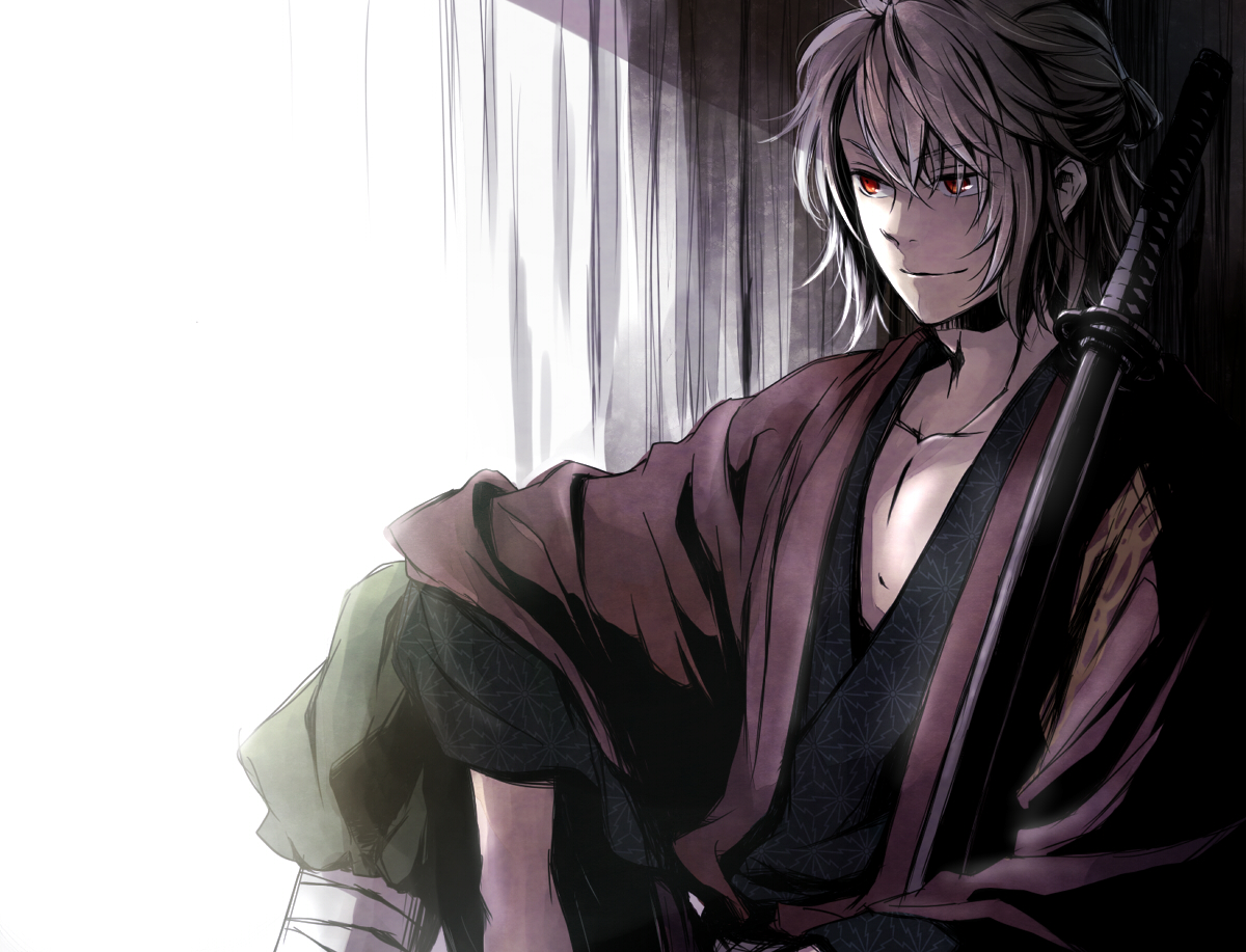 all_male, hakuouki_shinsengumi_kitan, japanese_clothes, katana, kimono, male, okita_souji, red_eyes