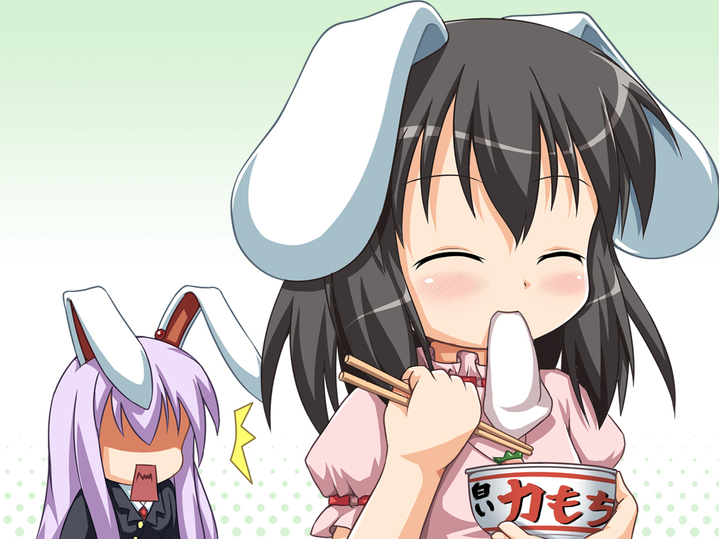 2girls, animal_ears, bunny_ears, bunnygirl, food, inaba_tewi, kanna_hisashi, loli, reisen_udongein_inaba, touhou