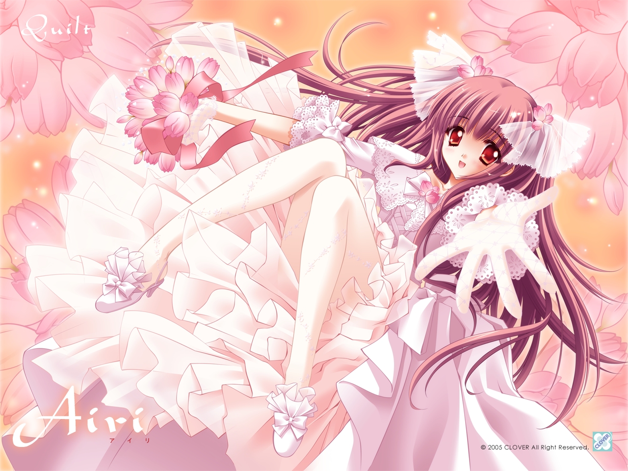 airi_(quilt), brown_hair, carnelian, flowers, long_hair, quilt, red_eyes, wedding_attire