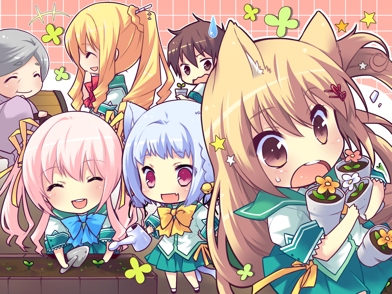 animal_ears, bell, blonde_hair, bow, brown_hair, catgirl, chibi, fang