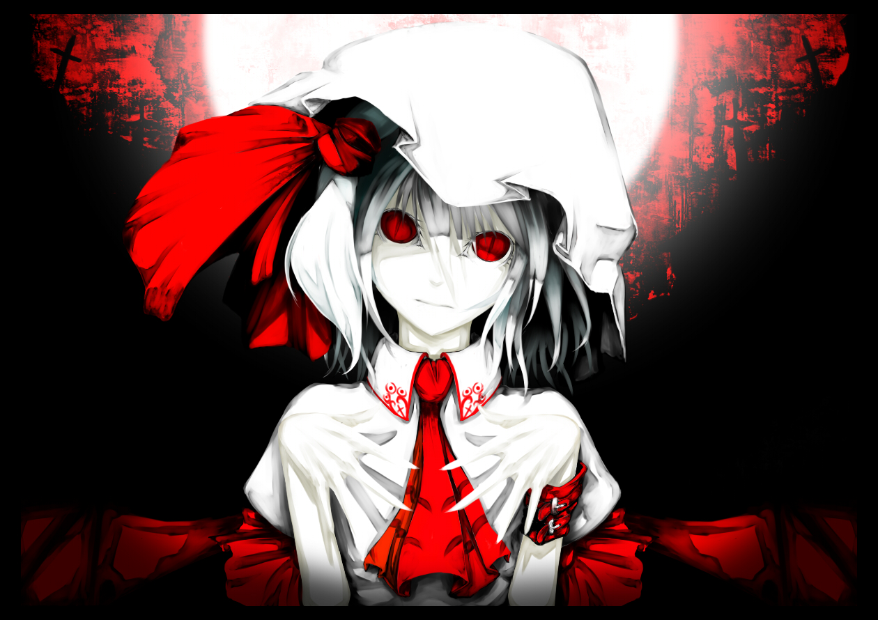 akihira_fujinohara, hat, moon, polychromatic, red_eyes, remilia_scarlet, ribbons, short_hair, touhou, vampire, white_hair, wings