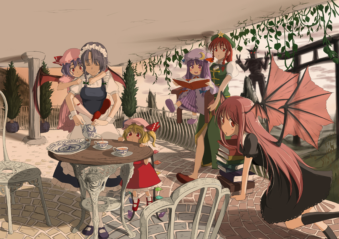book, demon, drink, flandre_scarlet, group, hat, hisou_tensoku, hong_meiling