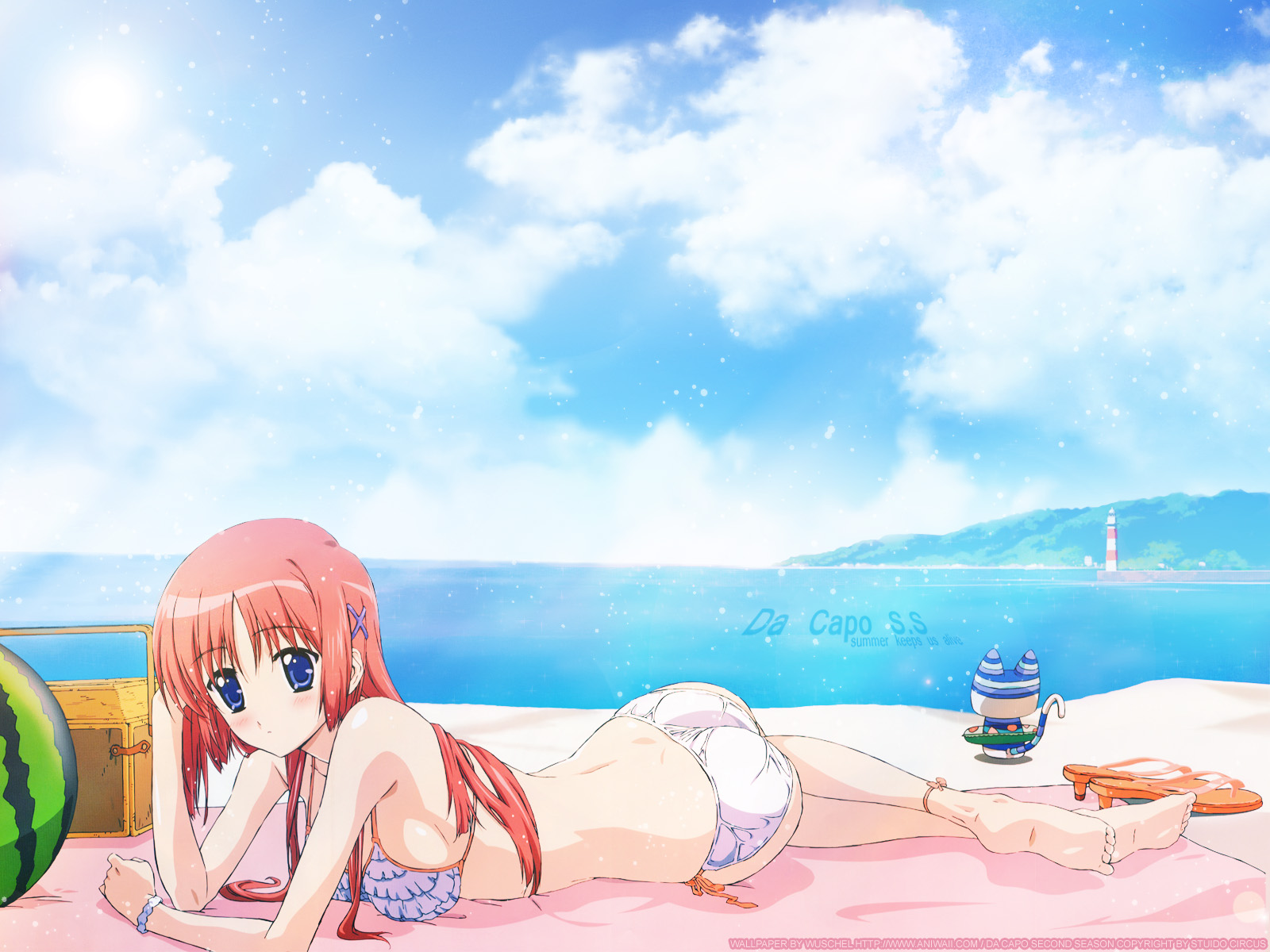 ball, beach, da_capo, masuda_kuniaki, red_hair, shirakawa_kotori, summer, swimsuit