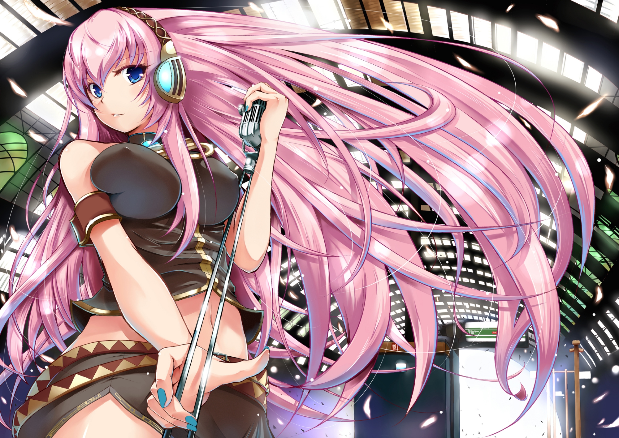erect_nipples, headphones, megurine_luka, microphone, petals, pink_hair, vocaloid, yuki_mizore