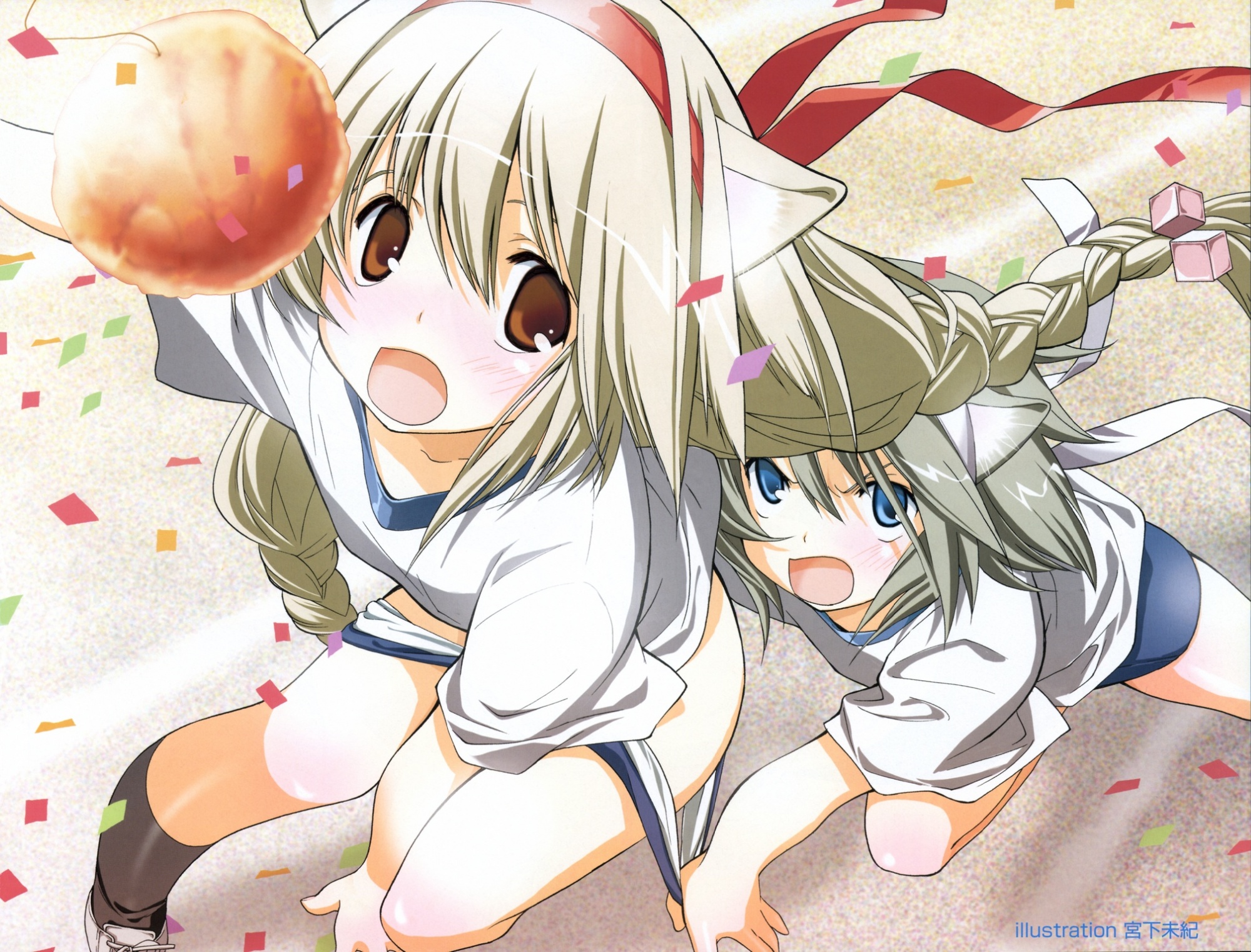 animal_ears, blonde_hair, blue_eyes, blush, braids, brown_eyes, catgirl, gray_hair, gym_uniform, long_hair, miyashita_miki, panties, panty_pull, ribbons, short_hair, tagme, underwear