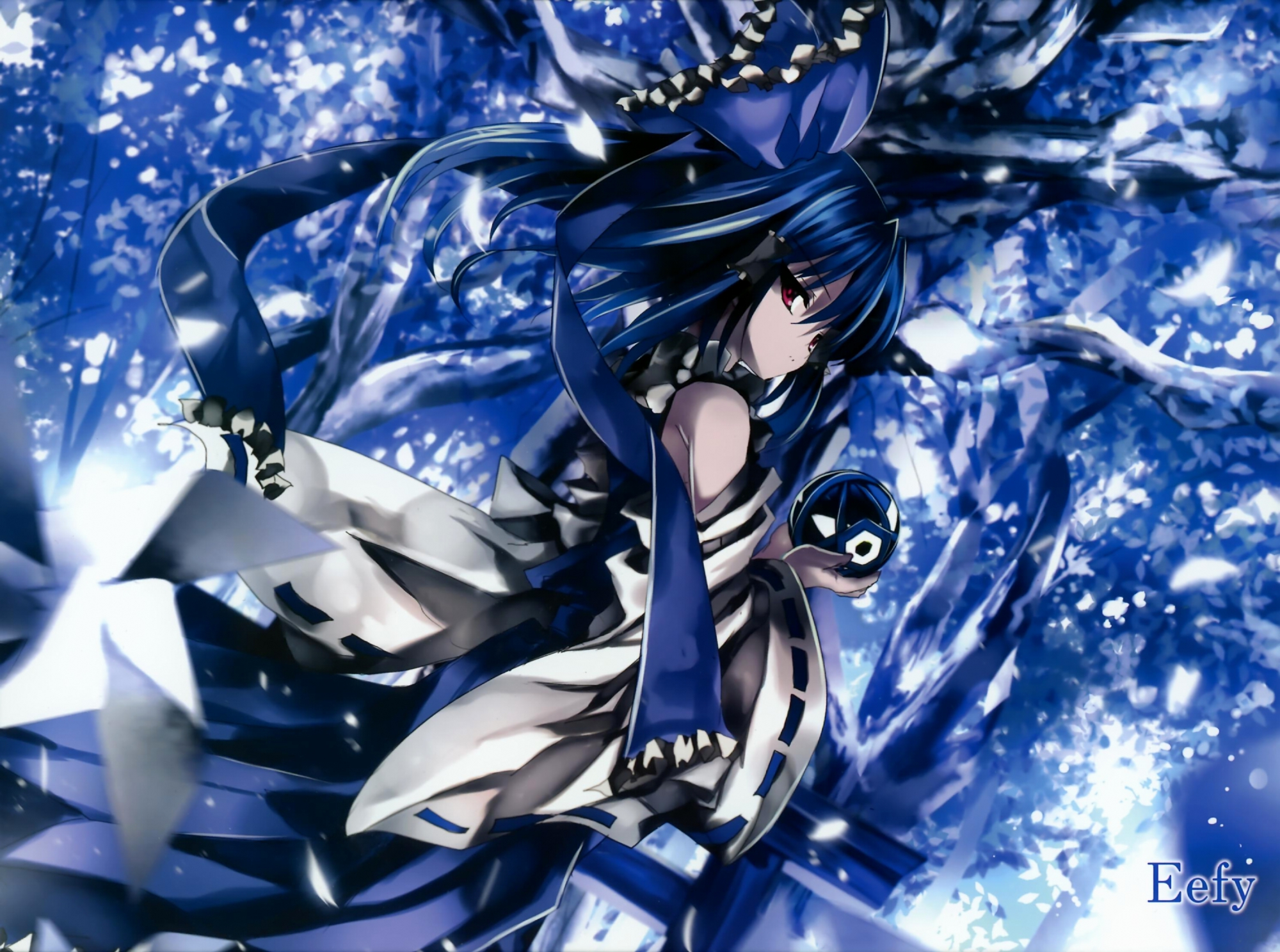 blue_hair, hakurei_reimu, japanese_clothes, long_hair, miko, polychromatic, red_eyes, scan
