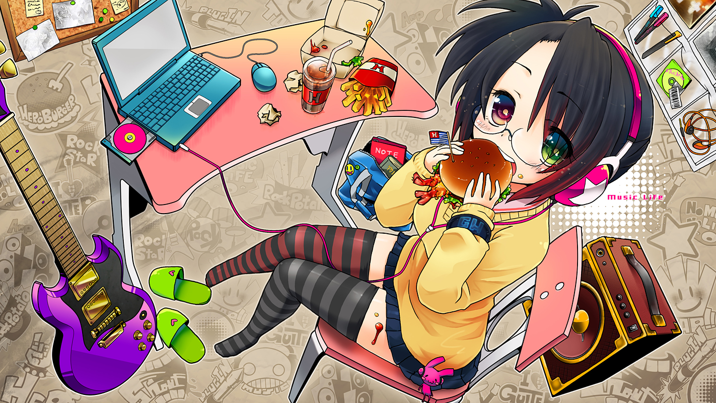 bicolored_eyes, black_hair, blush, computer, food, glasses, guitar, headphones