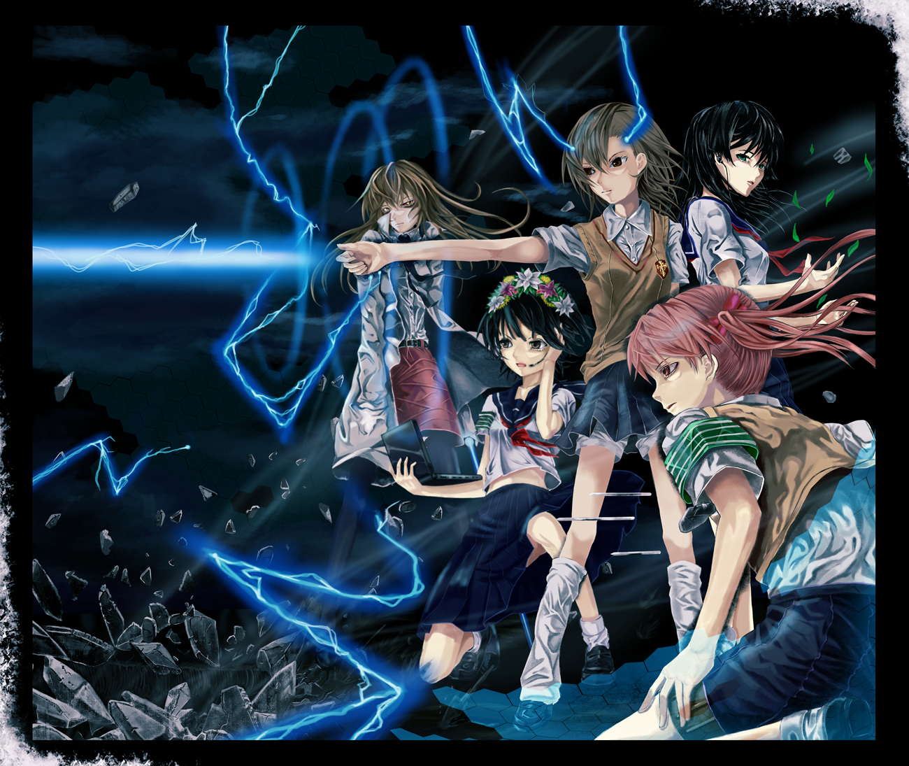 black_eyes, black_hair, bow, brown_eyes, brown_hair, computer, green_eyes, group