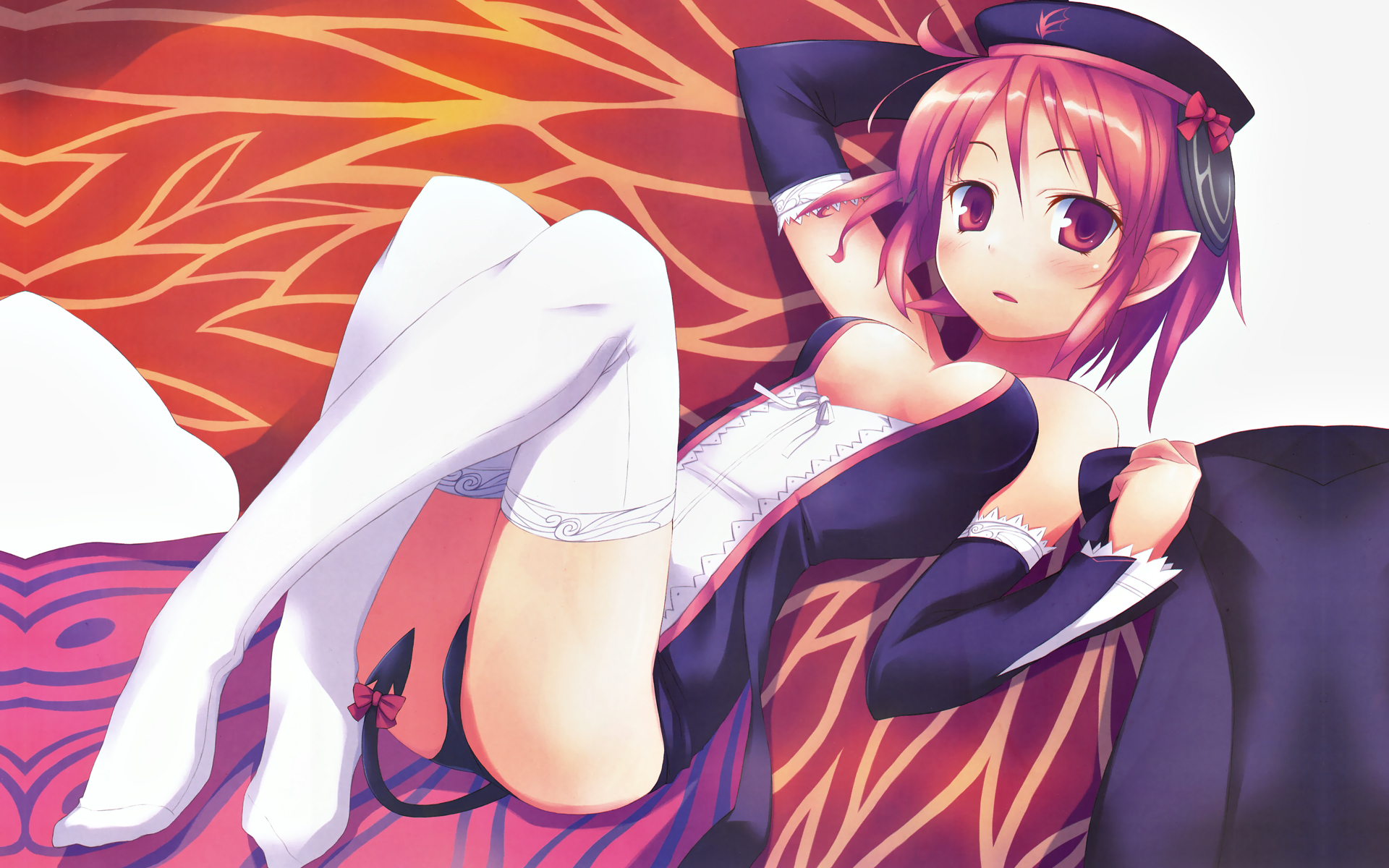 breasts, cleavage, girls_avenue, hat, nanakusa_amane, pink_hair, pointed_ears, tail