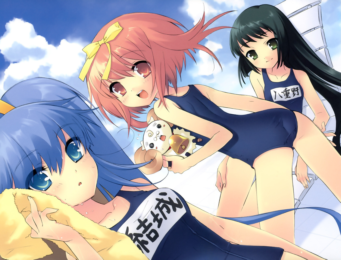 akihime_sumomo, black_eyes, black_hair, blue_eyes, blue_hair, blush, clouds, itou_noiji