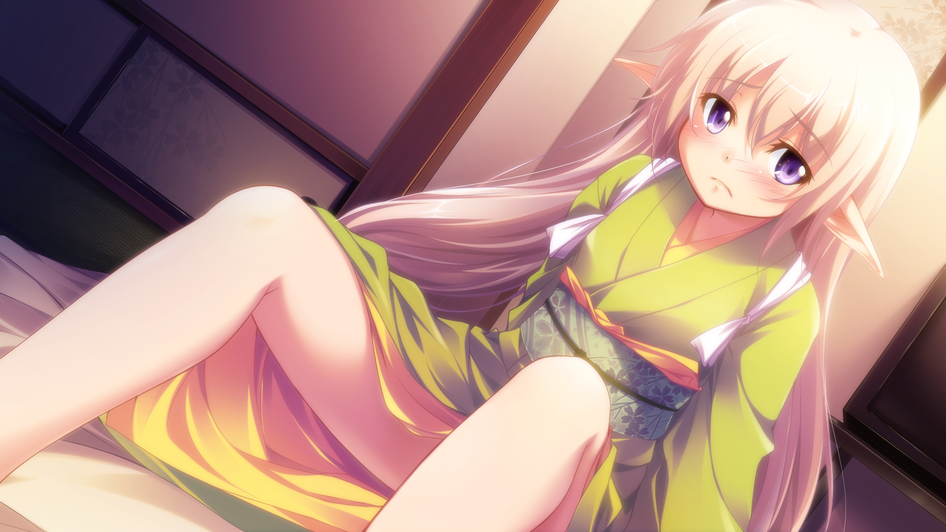 blonde_hair, blue_eyes, blush, japanese_clothes, kazakura, long_hair, original, pointed_ears