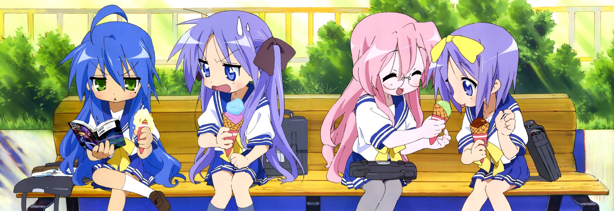 dualscreen, hiiragi_kagami, hiiragi_tsukasa, izumi_konata, lucky_star, school_uniform, takara_miyuki, yamada_naoko
