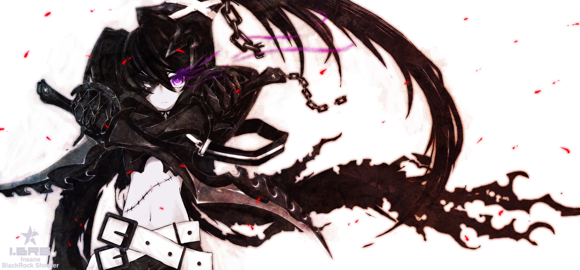 armor, auer, black_hair, black_rock_shooter, chain, eyepatch, fire, huke, insane_black_rock_shooter, long_hair, purple_eyes, scar, sword, twintails, weapon