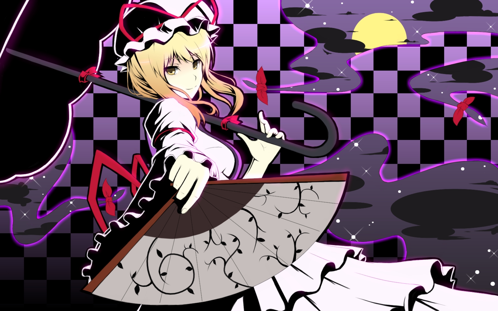 blonde_hair, dress, fan, gayprince, hat, moon, ribbons, short_hair