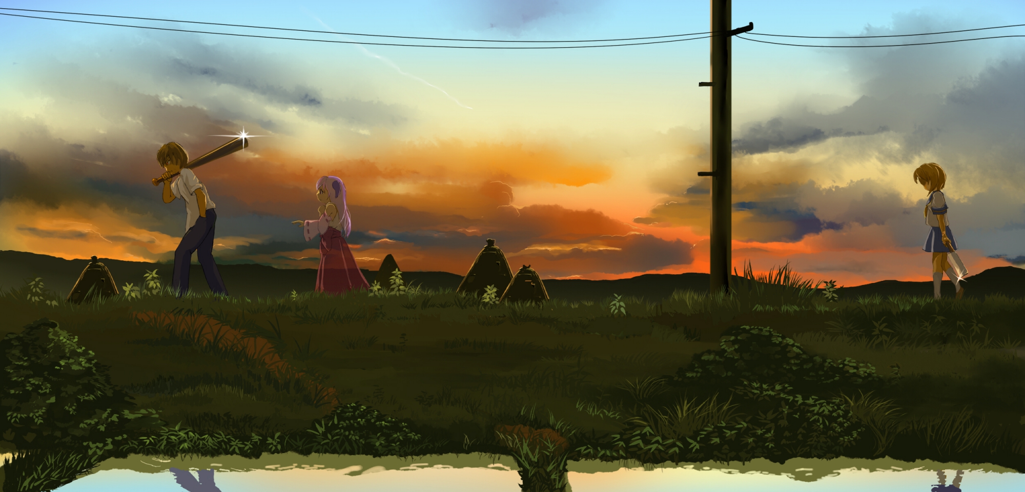 clouds, hanyuu, higurashi_no_naku_koro_ni, horns, japanese_clothes, kneehighs, maebara_keiichi, ryuuguu_rena
