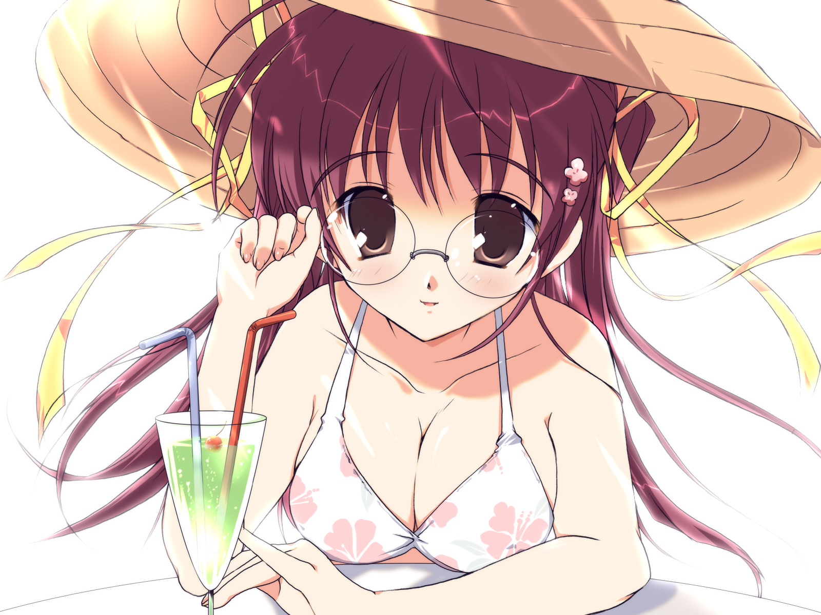 bikini, breasts, brown_eyes, cleavage, drink, glasses, hat, mikeou, pink_chuchu, pink_hair, red_hair, ribbons, smile_summer_again, swimsuit