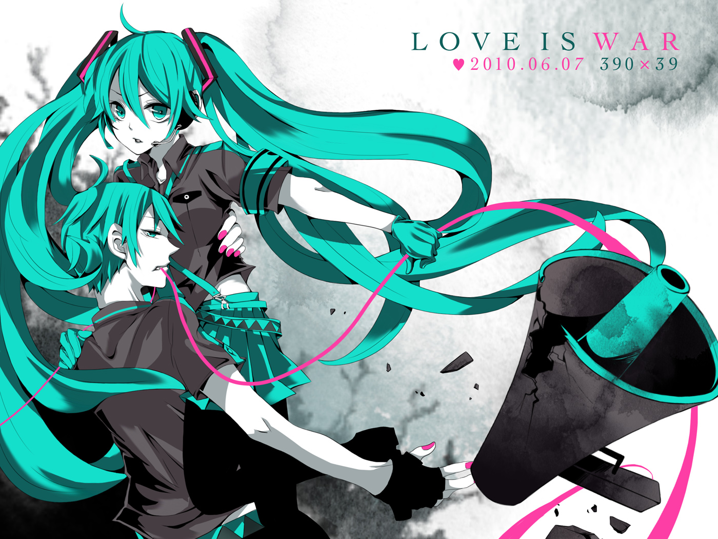 hatsune_miku, hatsune_mikuo, ichinose_(sorario), koi_wa_sensou_(vocaloid), polychromatic, twintails, vocaloid